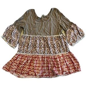 Umgee  Womens Large Multicolored Peasant Floral Cottagecore Tiered Top